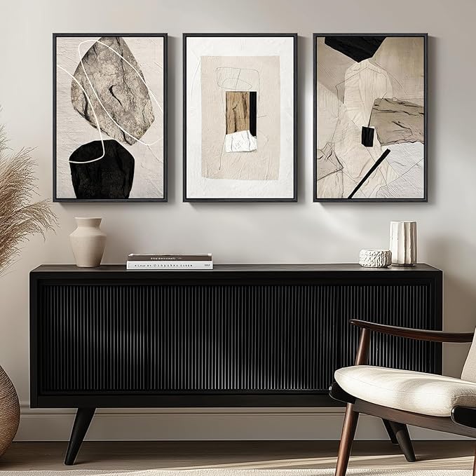 Large Framed Neutral Abstract Wall Art, 3 Piece Modern Canvas Prints Paintings Artwork for Walls, Minimalist Black Beige Pictures for Living Room Hallway Dining Room Bedroom Wall Decor -Total 30x60 In