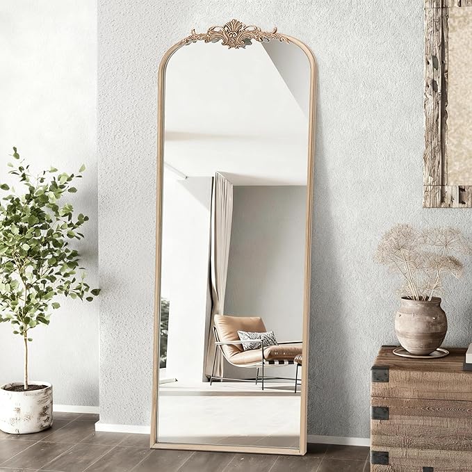Arched Mirror Full Length: 21"x56" Champagne Gold Vintage Full Body Mirror - Floor Antique Baroque Traditional Ornate for Entryway/Cloakroom/Bedroom - Home Decor for Fashion-Conscious