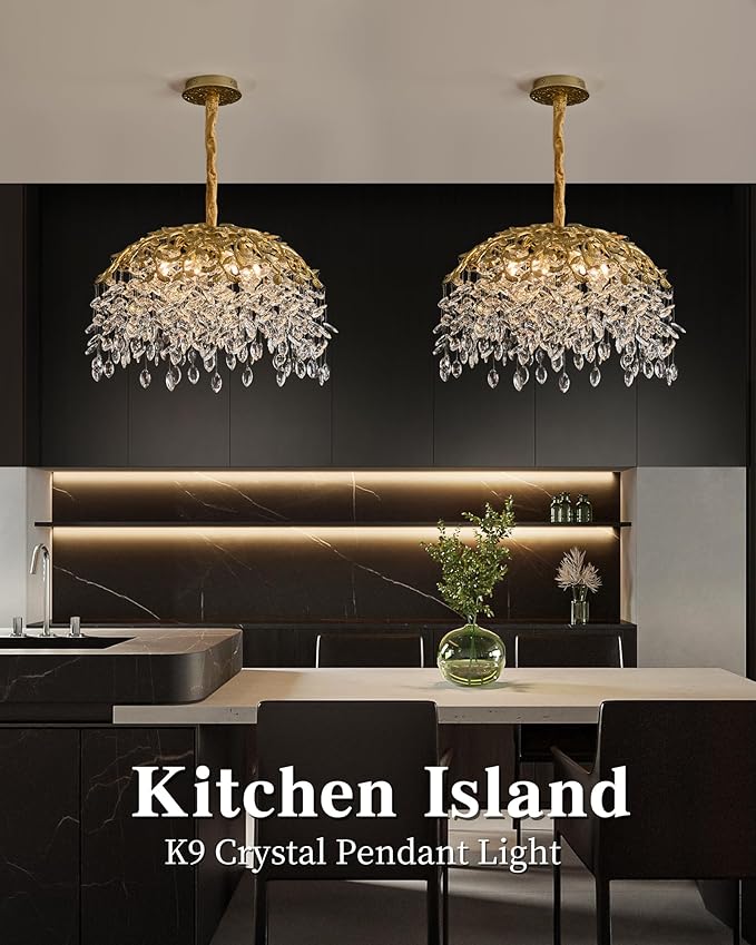 Modern Crystal Chandelier for Dining Room, 8-Light 23.62" Gold Tree Branch Chandeliers, Luxury K9 Crystal Rectangular Chandeliers for Kitchen Island Living Room