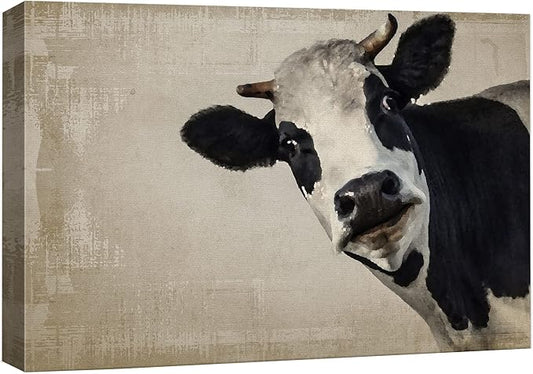 wall26 Canvas Print Wall Art Black & White Cow Portrait on Grunge Background Animals Wildlife Digital Art Realism Rustic Scenic Nature Photography Colorful for Living Room, Bedroom, Office - 32"x48"