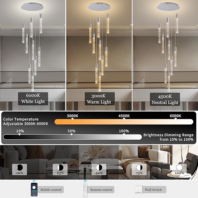 9-Lights High Ceiling Crystal Chandelier, Modern LED Raindrop Pendant Light Fixture 79" H Flush Mount Chandelier Chrome for Foyer Staircase Living Room