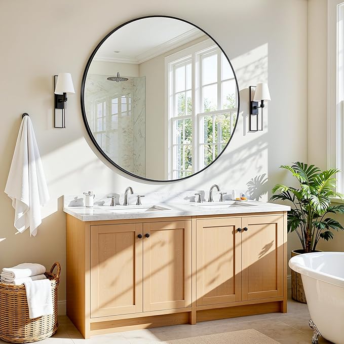 Antok Wall Mirror, 30"x30" Bathroom Vanity Mirror, Anti-Rust HD Tempered Glass, Wall Mounted Mirrors for Living Room, Entryway, Black Frame, Round