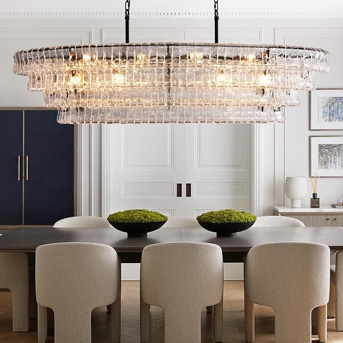 65 Inch Large Rectangular Black Chandelier for Dining Room, Clear Glass Drum Modern Pendant Light Fixture, Extra Long Kitchen Island Lighting