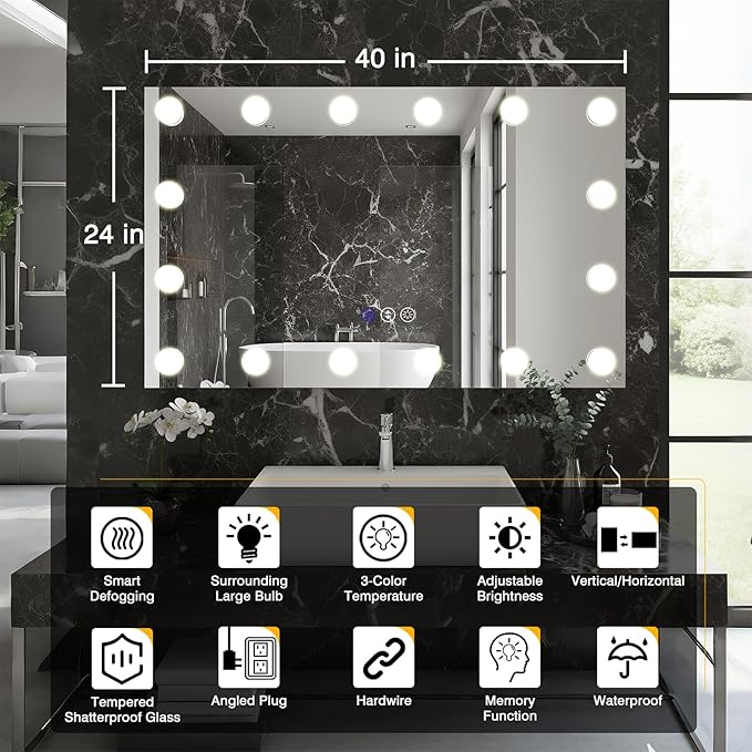 40x24 Hollywood Bathroom Mirror with Lights, Wall Mounted Mirror with LED Bulbs, 3 Colors and Dimmable Light, Defog Mirror, Tempered Glass, Memory, Waterproof, ETL Listed, Horizontal/Vertical