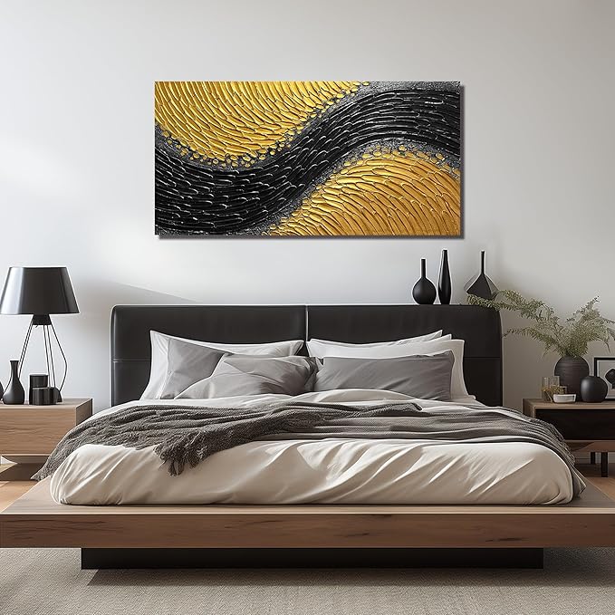 Black and Gold Hand Painted Oil Painting for Bedroom Abstract Pictures for Living Room Large 3D Textured Canvas Wall Art for Office Size 29 x 58 Inch