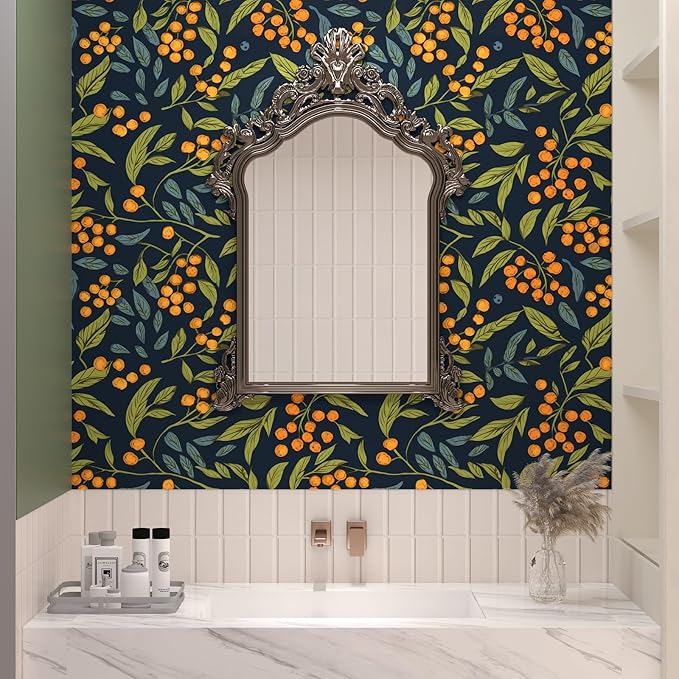 Blue Orange Wallpaper Peel and Stick Boho Floral Contact Paper Removable Waterproof Leaves Paper for Drawer Countertop Cabinet Renter Friendly 17.5 x 393.5In