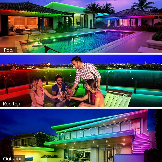 Outdoor LED Strip Lights Waterproof,IP68 Outside Led Light Strips Waterproof with Bluetooth App Remote Control,Music Sync RGB Exterior Led Rope Lights,for Balcony,Deck (300ft Outdoor LED Strip Lights)