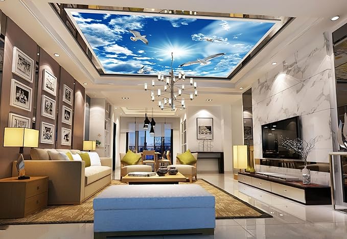 Blue Sky, White Clouds, Sunshine Seagull Ceiling Wall Mural Wallpaper 178" x 117"