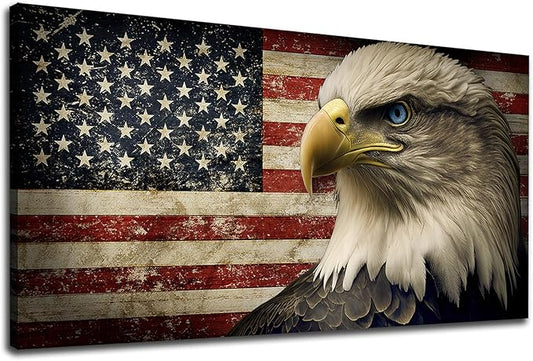 American Flag Canvas Wall Art - Flag of USA with Eagle Pictures for Wall Decor Patriotic Canvas Printing Artwork Vintage Rustic Design for Living Room Home Office Wall Decoration 24" x 48"