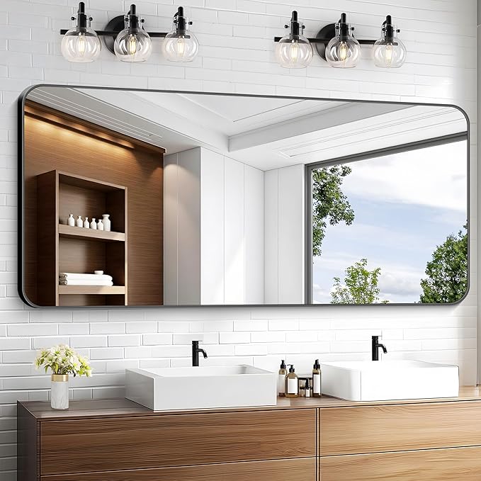 KOCUUY Black Bathroom Mirror 60"x28", Large Vanity Mirror with Rounded Corner, Metal Black Frame with Mordern Design for Bathroom, Living Room, Entryway, Hang Horizontal/Vertical