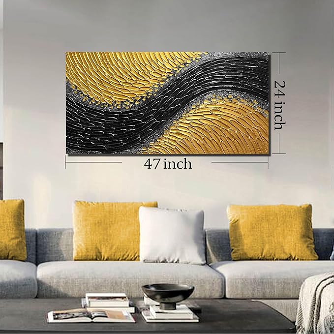 Abstract 3D Hand Painted Wall Art for Office Black and Gold Canvas Wall Art for Bedroom Modern Wall Decor for Living Room Size 24 x 47 Inch