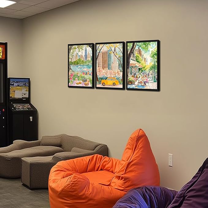 MUWAK Framed New York City Canvas Wall Art Set of 3 – Colorful NYC Skyline Central Park Yellow Taxi Posters, Modern Urban Landscape Wall Decor for Living Room Bedroom Office – 16x24in