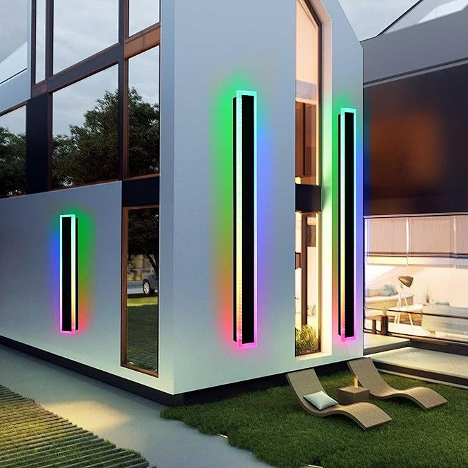 MELUCEE 2pcs 60in Long RGB Outdoor Wall Light Fixture, 5.1in Wide Dimmable Exterior Wall Lights IP65 Waterproof for Garage and Front Door, Long Outside Wall Sconce Black LED Outdoor Entrance Lighting