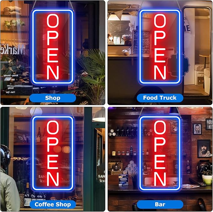 16"x 9" Ultra Bright 12V Neon Open Sign for Business, LED Open Neon Sign, Electric Light up Signs for Stores, Restaurants Shops Window (Blue-Red-Vertical)