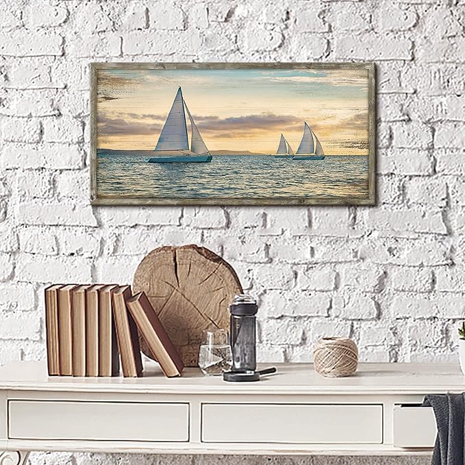 Coastal Framed Wooden Wall Art: Ocean Painting Art Sail Boats Artwork Decor Sunset Seascape Picture Prints for Bedroom 24"x12"
