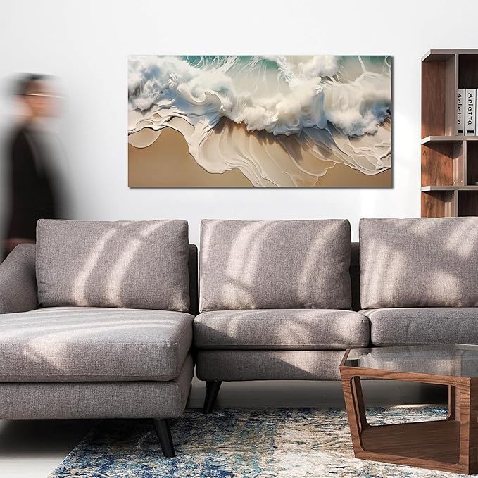 Ocean Waves Canvas Wall Art for Living Room, Beach Scenery View Home Decor Picture, Sea Waves Canvas Wall-Decoration, Seaside Scene Decorative Print Artwork for Office Bedroom, Size 40x20 Inches