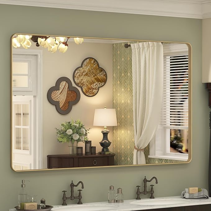 60x36 Inch Gold Framed Bathroom Mirror, Rectangle Brushed Gold Metal Vanity Mirror, Gold Rectangle Mirror for Wall, Rounded Corner, Tempered Glass, Anti-Rust, Shatterproof (Horizontal/Vertical)