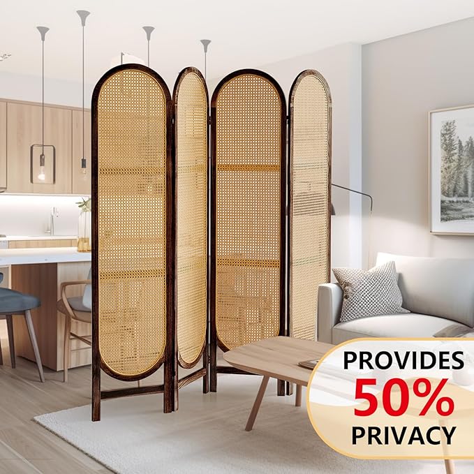5.6 Ft Room Divider 4 Panel, Folding Privacy Screen, Rattan Room Divider, Foldable Wood Divider Panel, Portable Partition Screen, Wall Divider for Room Separation Home Office Garden-Brown
