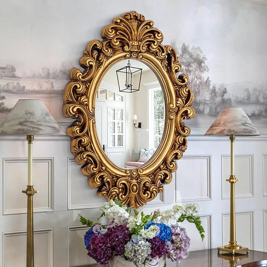 Vintage Oval Mirror, Decorative Mirror for Living Room with Baroque Gold Framed, 21'' x 29'' Antique Gold Wall Mirrors for Dining Room Entryway Bathroom Fireplace Vanity