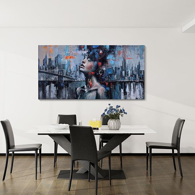 Navy Blue Abstract Wall Art Woman Picture for Living Room Modern Home Bedroom Decoration New York City Framed Cityscape Artwork Decor 29x58IN