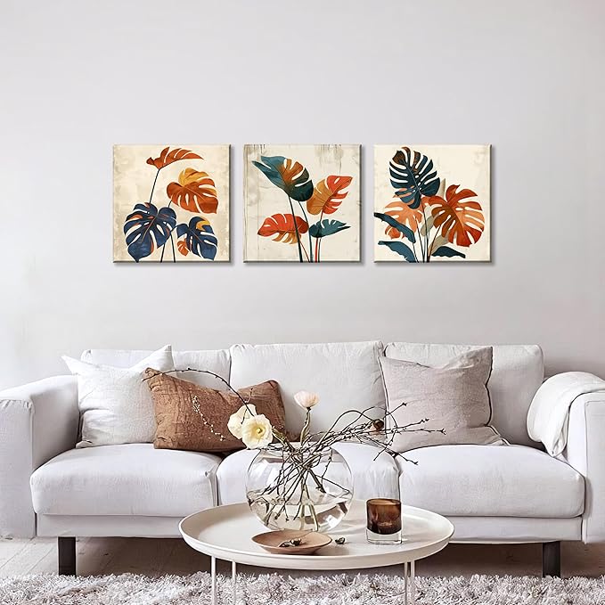 NAN Wind 3Pcs Modern Mid-century Abstract Tropical Monstera Leaf Canvas Art Orange and Blue Botanical Wall Print Minimalist Wall Decor Tropical Leaves Framed Wall Art for Contemporary Home Decor