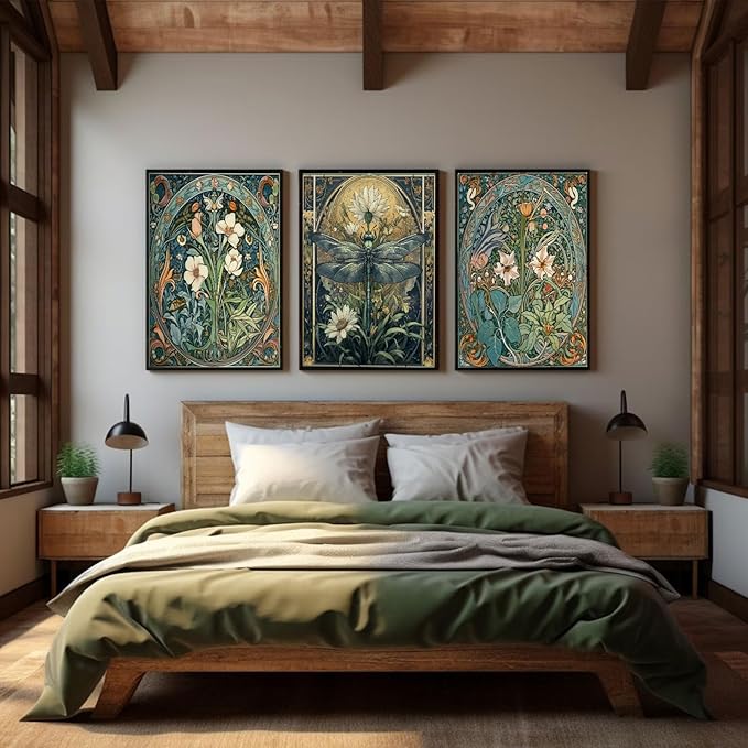 3Pcs Floral Dragonfly Canvas Wall Art Dark Flower Green Plant Decor painting Pictures Vintage White Lily Daisy Posters Prints for Living room Bathroom Bedroom Office Hallway Home Decoration Unframed