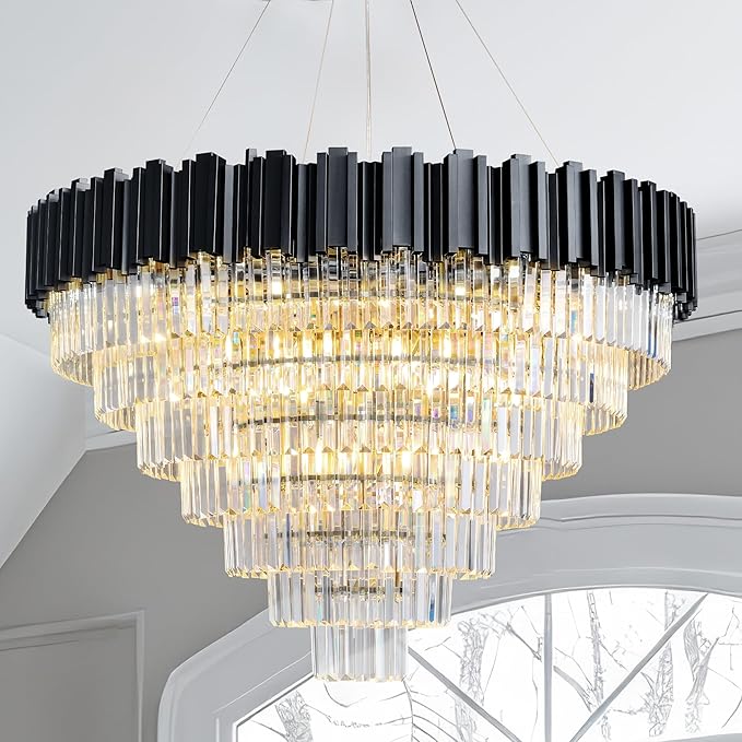 7-Tier 39" Black Chandelier, 21-Light Modern Crystal Chandelier, Luxury Round K9 Crystal Chandeliers Pendant Light Fixture for Dining Room, Living Room, Bedroom, Foyer, Entryway, Kitchen, Restaurant