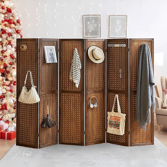 6 Panel Pegboard Display with 24 Hooks, Wood Room Divider Wall, 5.6Ft Folding Privacy Screen Divider Room, Portable Freestanding Wall Organizer for Bedroom Reading Room(Dark Brown)
