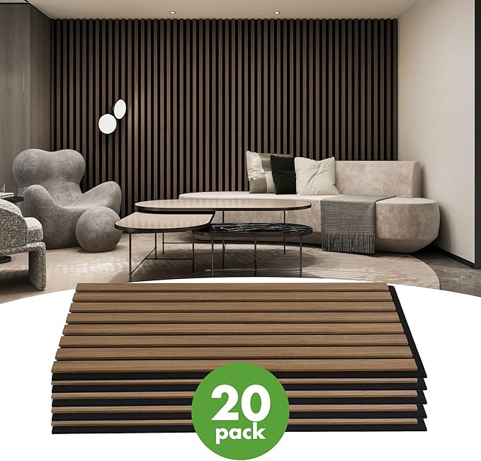Art3d 20-Pack 12" x 24" Soundproof Wood Slat Panels, 40 sq.ft Acoustic Wall Panels, 3D Wall Panels with Wood Slat Design, Decorative Wood Wall Panel for Accent Walls-Deep Walnut