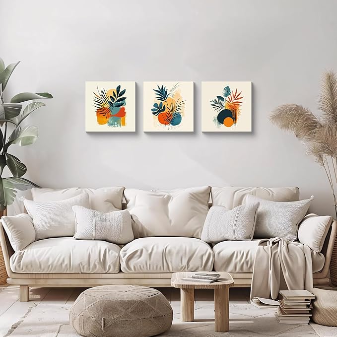 NAN Wind 3Pcs Tropical Leaf Wall Art Palm Frond and Foliage Canvas Print with Bold Orange Teal Yellow Shapes Mid-Century Modern Botanical Plant Pictures for Boho Living Room Bedroom Office Wall Decor