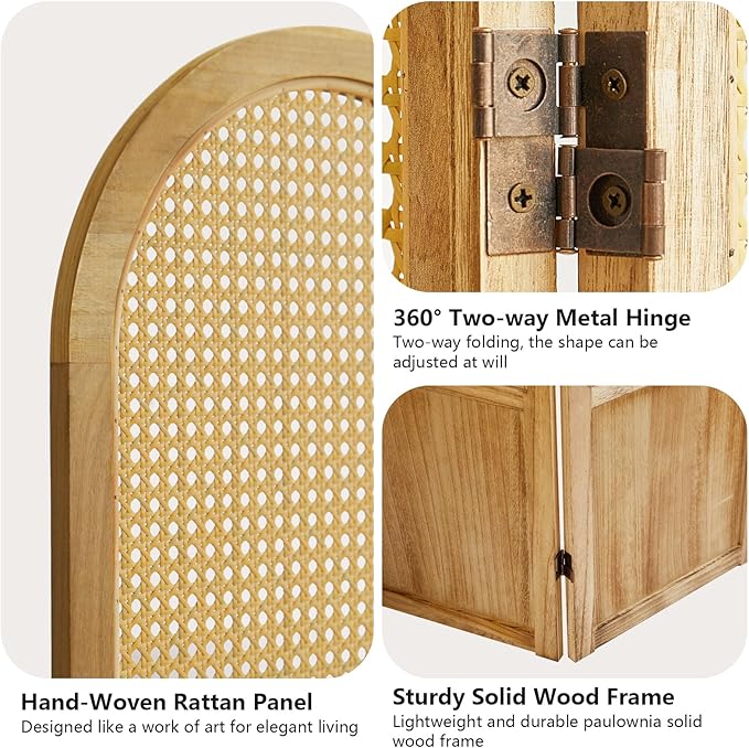 6 Panel Room Divider and Folding Privacy Screen, 5.6 Ft Foldable Double Hinged Rattan Partition, Hand-Woven Rattan Room Divider Portable Wood Freestanding Wall Divider for Room Separation - Natural