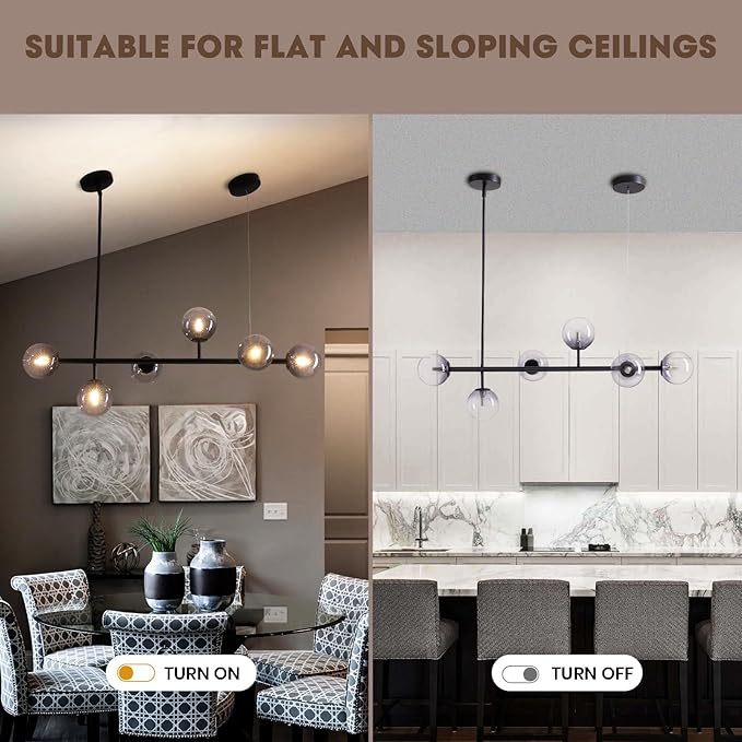 6 Lights Mid Century Modern Globe Chandelier, Black Linear Sputnik Chandelier with Glass Pendant Lights for Dining Room, Kitchen Island, and Living Room (Smoke Gray Glass)