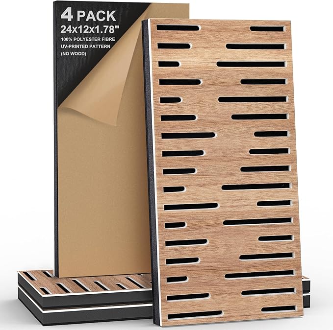 4Pack Acoustic Wall Panel, Self-Adhesive Soundproof Foam Panels for Wall, 3D Perforated Tri-Layer Polyester Fiber Decorative Acoustic Insulation for Recording Studio, Office, 24×12×1.78", Diverse-Line