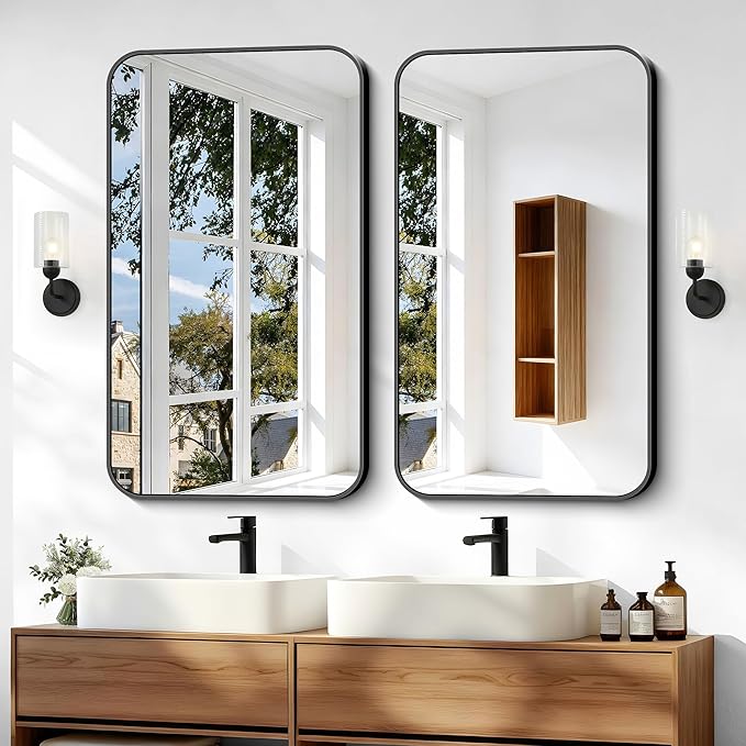 BONEWEI 24x40 inch Bathroom Mirror,Black Rectangle Mirror,Wall Mounted Bathroom Frame Vanity Mirror with Round Corner for Bedroom Living Room,Entryway Hangs Horizontal or Vertical