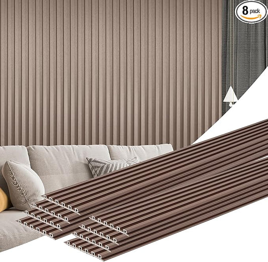 Art3d 8 Pack 104" x 6.7" Slat Wall Paneling, Glossy Metal Finish WPC 3D Wall Panels, 3D Panels for Interior Wall Decor, Living Room, Bedroom - Textured Brown
