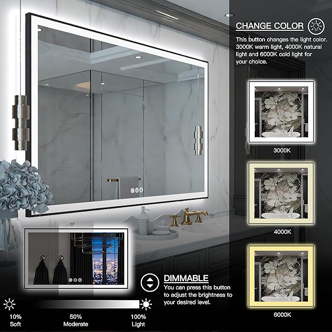 LED Bathroom Mirror 44"x32"- Lighted Vanity Mirror with Backlit and Front Light, Framed Dimmable Illuminated Mirror for Wall, Anti-Fog, Shatterproof, Memory, 3 Colors (Horizontal/Vertical)