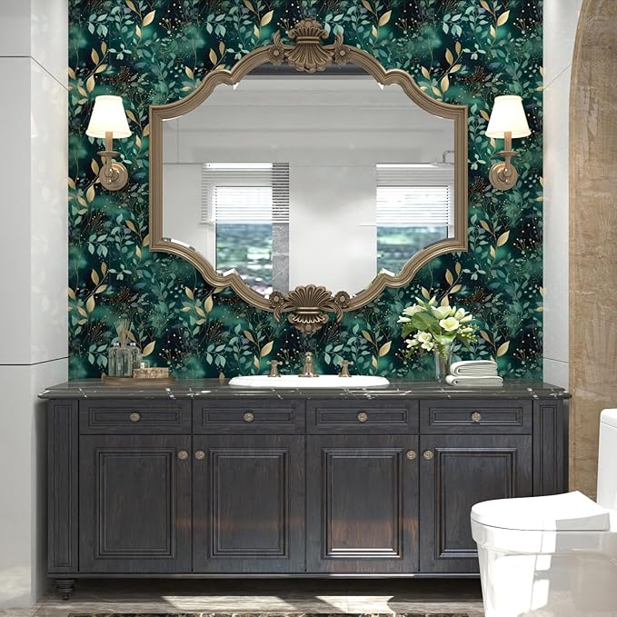 Blue Leaf Peel and Stick Wallpaper Gold Leaf Contact Paper Blue Floral Wall Mural Home Vinyl Waterproof Self Adhesive Removable Renter Friendly Wall Paper 17.5" x 78"