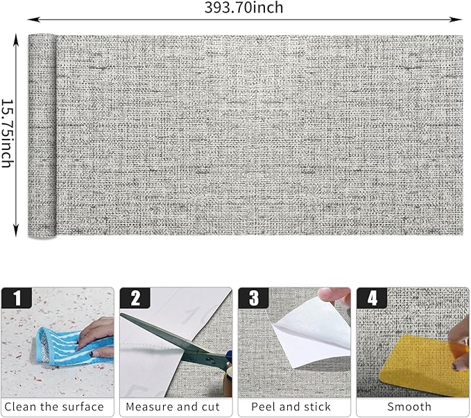 15.75"x393.70" Gray Wallpaper Grasscloth Peel and Stick Wallpaper Faux Linen Textured Removable Wall Paper Self Stick Grey Contact Paper for Wall Decoration Thickened Cabinets Desk Coverings