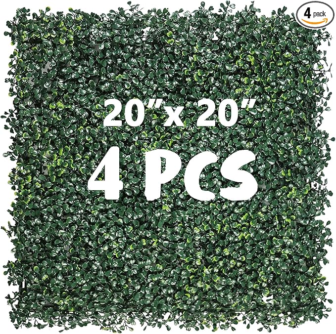 4PCS 20"x 20" Artificial Boxwood Wall Panels, UV-Anti Grass Wall Hedge Plant Panels for Indoor Outdoor Green Wall Decor Ivy Fence Covering Privacy