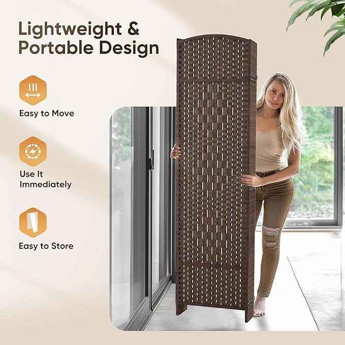 JOSTYLE 6ft. Tall Extra Wide Folding Privacy Screens with Diamond Double-Weave and Freestanding Room Dividers (Brown, 8-Panel)
