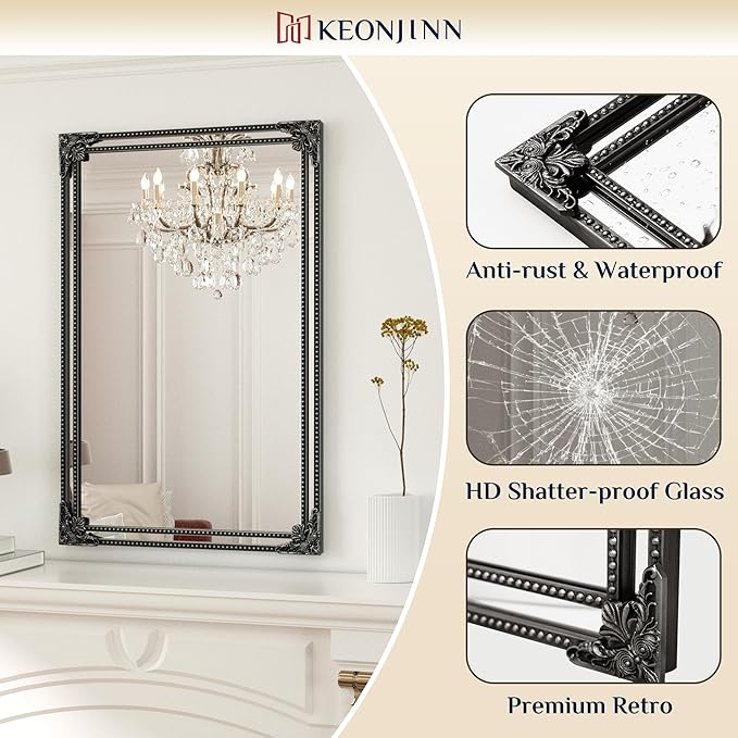 Keonjinn Vintage Mirror for Wall, 30" x 36" Antique Rectangular Black Mirrors with Metal Frame, Baroque Style Decoration for Mantle, Bathroom, Living Room, Fireplace, Bedroom, HD Shatterproof Glass