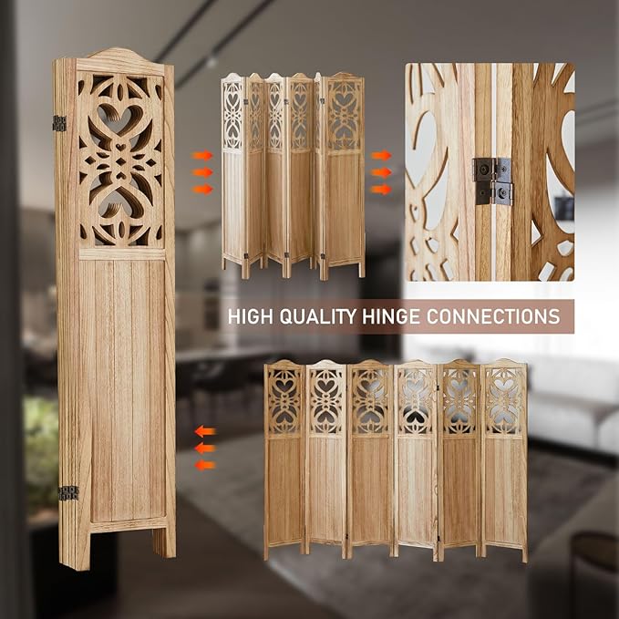 6 Panel Room Divider Fully Assembled, Carved Room Dividers and Folding Screens, 5.6Ft Wood Room Divider Screen Freestanding Partition Wall Dividers for Home Bedroom Office, Rustic Wood Color