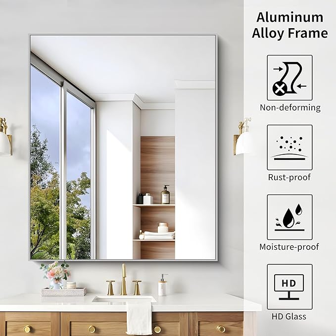 KOCUUY Silver Framed Mirror, 48"x40" Large Rectangle Bathroom Mirror for Wall, HD Tempered Glass, Anti-Rust Brushed Silver Frame, Modern Design for Bathroom, Bedroom, Living Room, Entryway