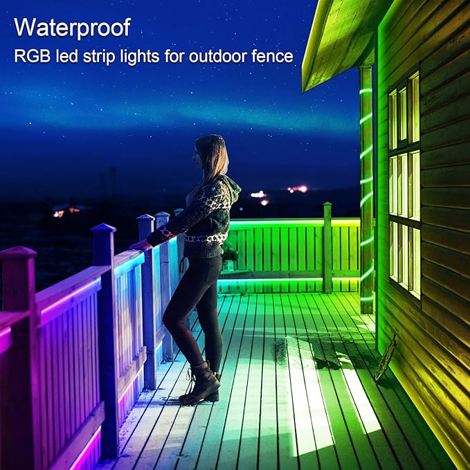 Outdoor LED Strip Lights Waterproof,IP68 Outside Led Light Strips Waterproof with Bluetooth App Remote Control,Music Sync RGB Exterior Led Rope Lights,for Balcony,Deck (150ft Outdoor LED Strip Lights)