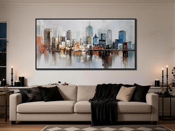 Arjun Brooklyn Bridge Wall Art Modern New York Abstract Canvas Cityscape Painting Colorful NYC Skyline Textured Picture for Living Room Bedroom Home Office Wall Decor, Large Black Wood Framed 48"x24"