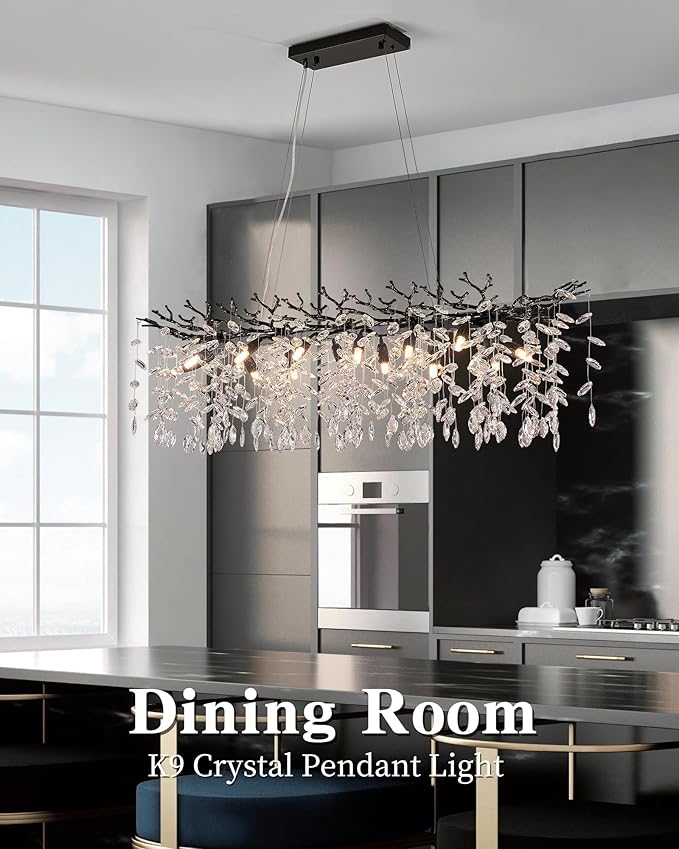 Modern Black Crystal Chandeliers for Living Room, Tree Branch Chandelier 14 Lights Rectangular 47.2" Hanging Pendant Light Fixture for Kitchen Island Dining Room Foyer Entryway
