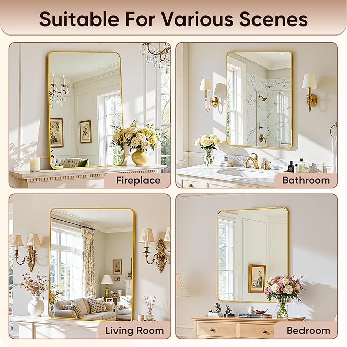 Antok Wall Mirror, 22"x30" Bathroom Vanity Mirror, Anti-Rust HD Tempered Glass, Wall Mounted Mirrors for Living Room, Entryway, Gold Frame, Rect