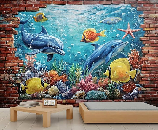 Ocean World Mural Wallpaper, Cartoon Dolphin Murals, Coral Starfish Poster Murals Wallpaper for Living Room Bedroom Home Decor Mural - 78.7" W x 39.8" H (Not Peel Stick)