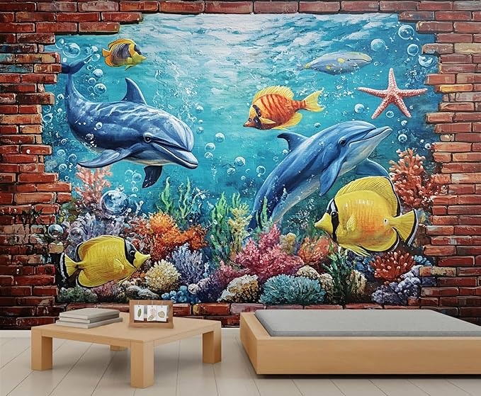 Ocean World Mural Wallpaper, Cartoon Dolphin Murals, Coral Starfish Poster Murals Wallpaper for Living Room Bedroom Home Decor Mural - 78.7" W x 55.5" H (Not Peel Stick)