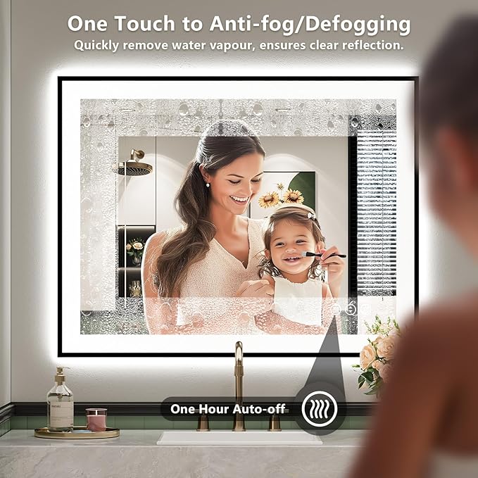 24x30 Inch LED Bathroom Mirror with Lights (Front Lit and Backlit) Black Framed Lighted Vanity Mirror for Bathroom Wall Dimmable Anti-Fog Memory Tempered Glass Horizontal/Vertical